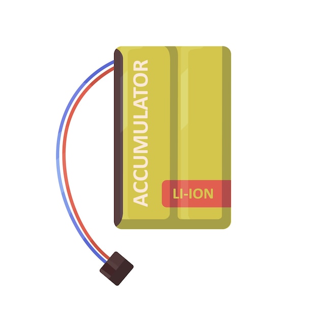 Li-ion accumulator with wires, cables and terminal clamp connector. Rechargeable lithium liion battery of rectangle shape for electric devices. Flat vector illustration isolated on white background