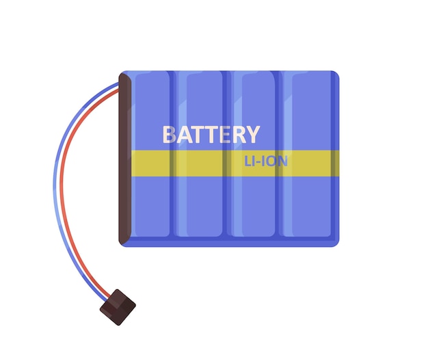 Li-ion batterijpakket met kabels, aansluitklem, connector. Oplaadbare batterij met kabel voor elektrische gadgets, elektronica. Platte vectorillustratie geïsoleerd op een witte achtergrond.