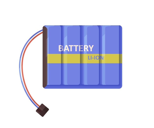 Li-ion battery pack with wires, terminal clamp, connector. Rechargable baterry with cable for electric gadgets, electronics. Flat vector illustration isolated on white background.