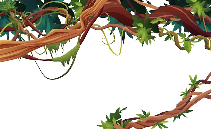 Vector liana or vine winding branches with tropic leaves background cartoon vector illustration