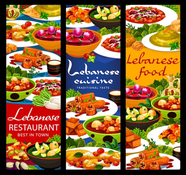 Libanese keuken voedsel vector banners met arabische groente-, vlees- en dessertgerechten. hummus, knoedelsoepen en lams kofta gehaktballetjes, fattoush salade, cake, gevulde courgette en halloumi kaas