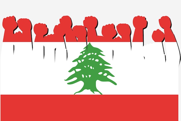 Libanon vlag met opgeheven protest handen vector land vlag logo libanon protesteren concept