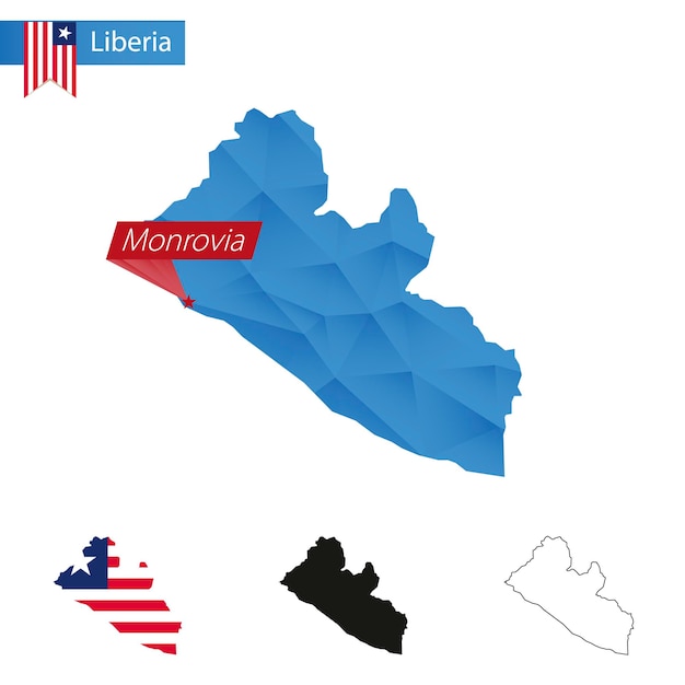 Liberia blauwe low poly kaart met hoofdstad monrovia