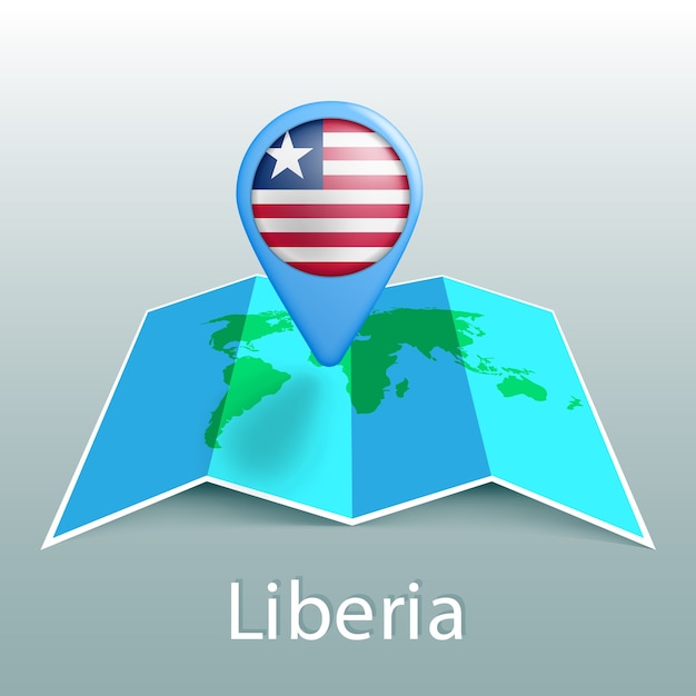 Карта мира флаг либерии в булавке с названием страны на сером фоне