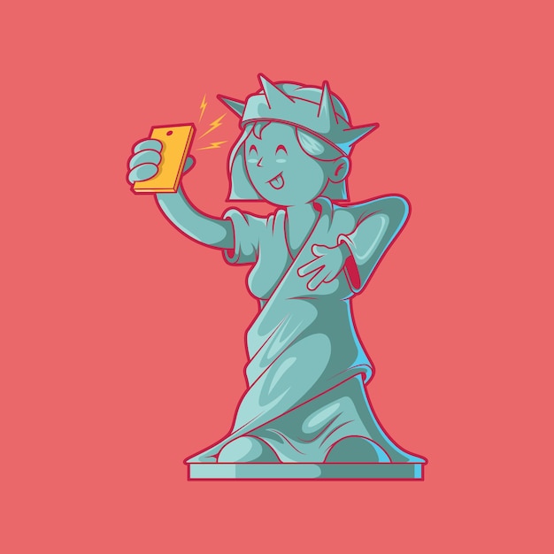 Vettore statua della libertà che si fa un selfie illustrazione vettoriale concetto di design sociale di ispirazione divertente