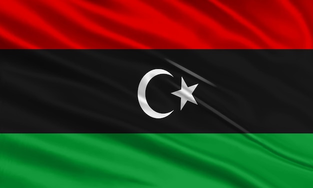 Libië vlag ontwerp. Wapperende Libische vlag gemaakt van satijn of zijden stof. Vectorillustratie.