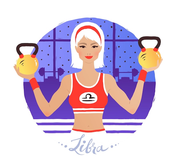 Libra zodiac sign. Young woman at the gym