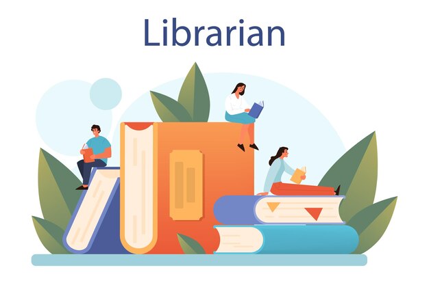 Vector librarian concept library staff cataloguing and sorting books knowledge and education idea llibrary bookshelves guid isolated vector illustration