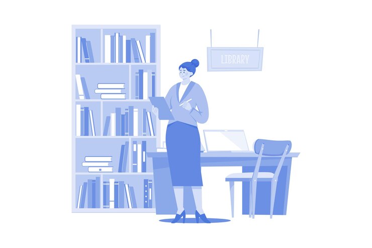 Vector 圖書館員正在清單圖書館中的書籍