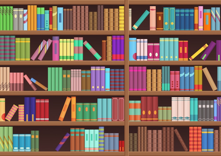 Vector library book shelf literature books cartoon background.