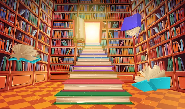 Vector library book shelves cartoon vector illustration stairs made of books with an open door in the form of a book large stack of books