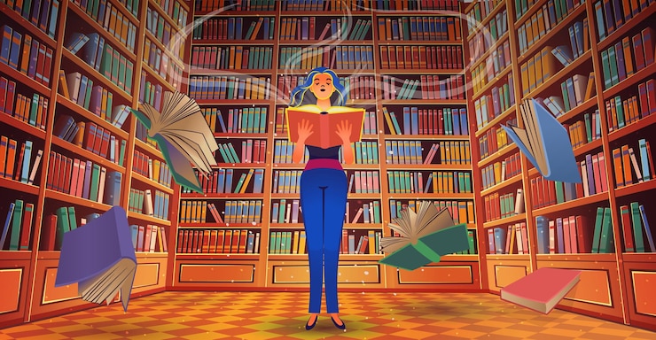 Вектор книжные полки библиотеки с девушкой и иллюстрации шаржа летающих книг