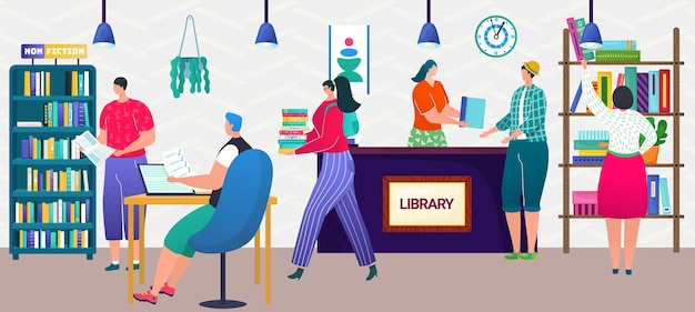 Library concept vector illustration study knowledge with books man woman student character get educa...