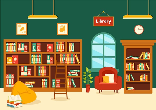 Illustrazione della biblioteca di scaffali per libri con mobili interni in legno per l'istruzione e la conoscenza