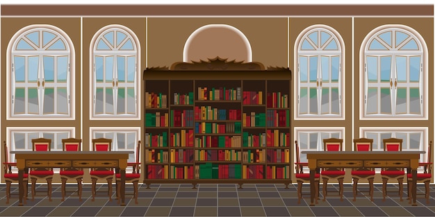 Library interior with large windows and tables