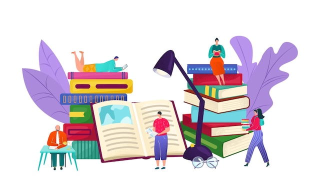 Vector library and knowledge book reading people vector illustration tiny people sitting on bookshelves reading books education and study learning literature university library readers