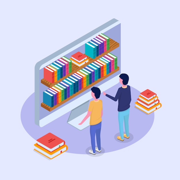 Library mobile online isometric concept. micro people reading books. vector illustration.