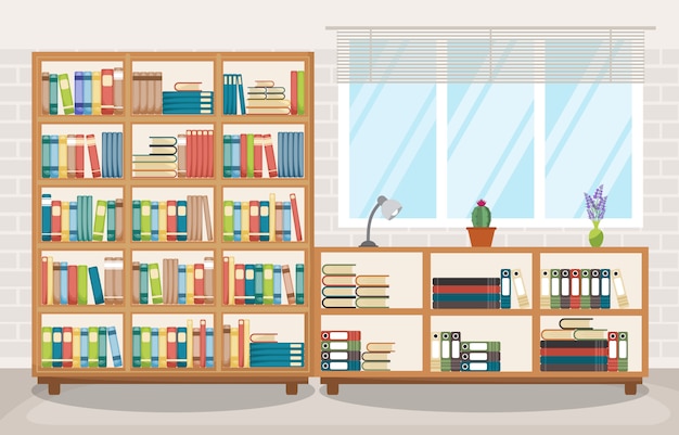 Vector library room interior stack of book on bookshelf flat design