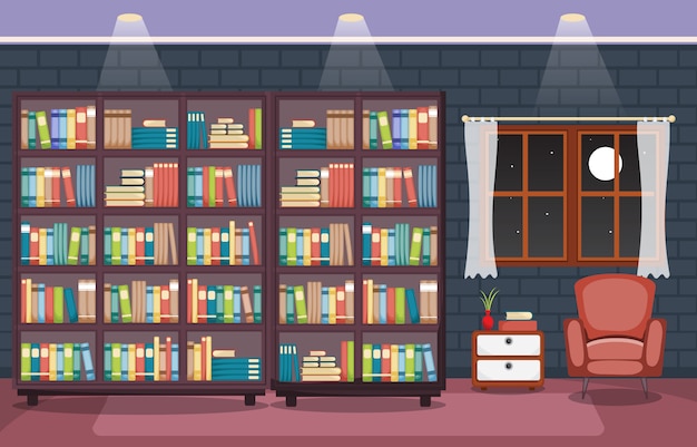 Vector library room interior stack of book on bookshelf flat design