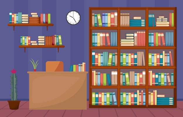 Library room interior stack of book on bookshelf flat design