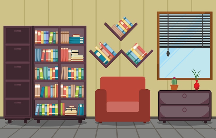 Vector library room interior stack of book on bookshelf flat design