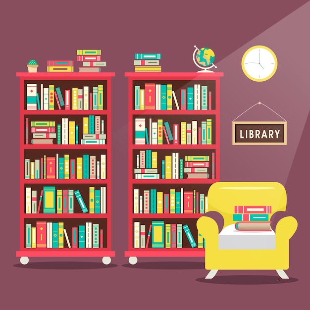 library scene illustration in flat design style