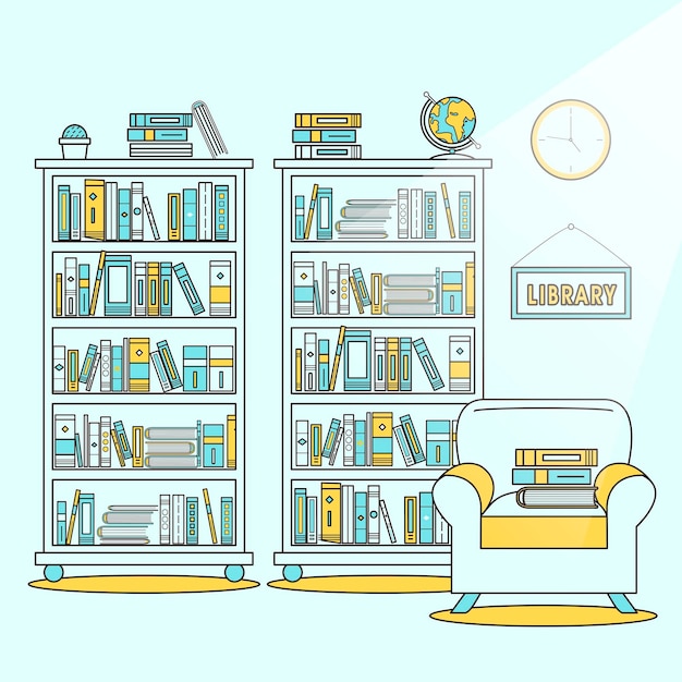 Vector library scene illustration in flat line style