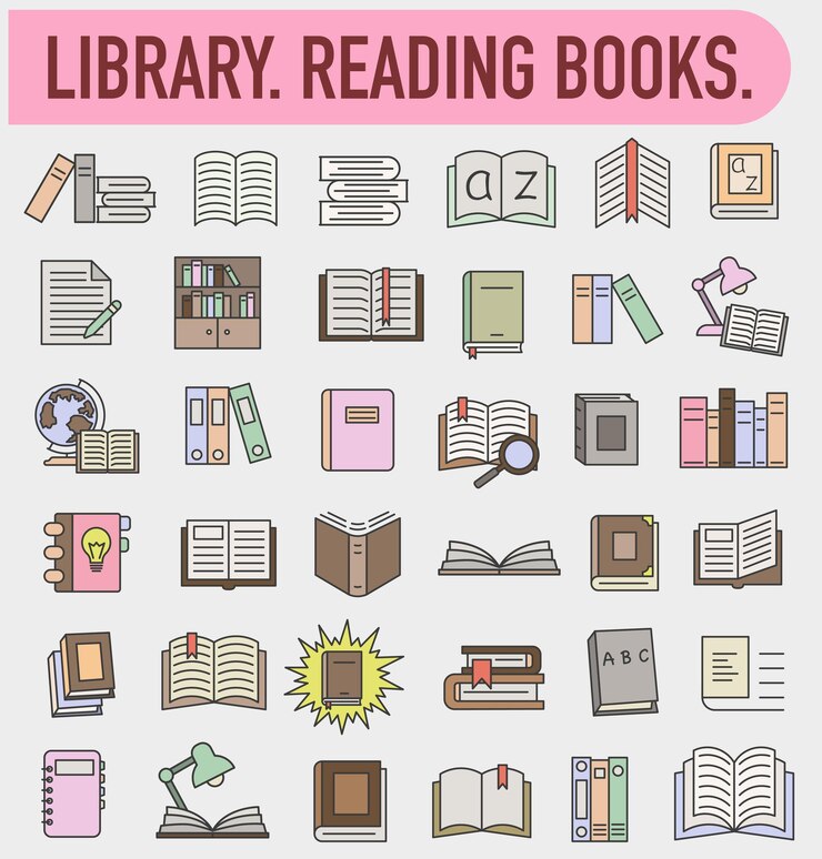 Library A set of literature in the library Colored textbook icons with dark outline
