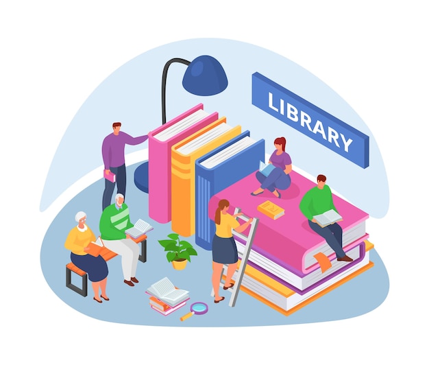 Vector library with books, isometric vector illustration. man woman character read knowledge for university, study school education. student person