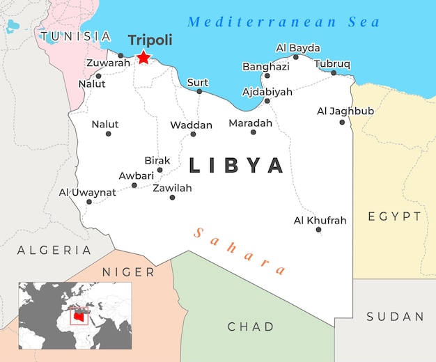 Vector libya 3d map with borders of regions and its capital