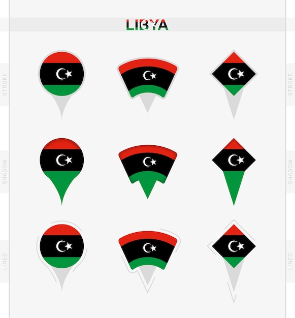 Vector libya flag set of location pin icons of libya flag