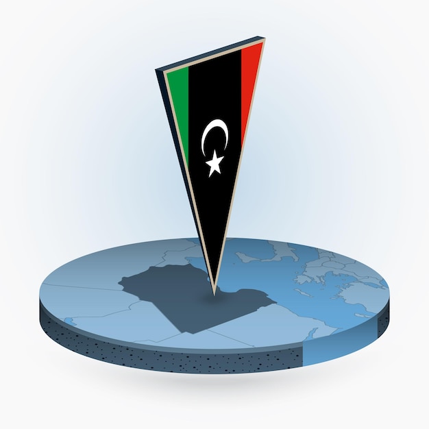 Libya map in round isometric style with triangular 3D flag of Libya