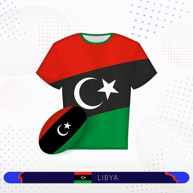 Libya rugby jersey with rugby ball of Libya on abstract sport background