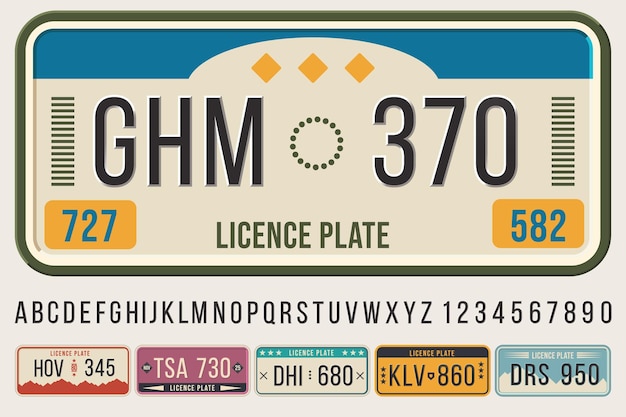 Vector license car plates font. embossed font letters and numbers