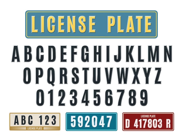 ナンバーカープレートフォントエンボス加工のラテンアルファベットアルミニウム銘板、数字と文字を絞り出したタグとフレームテンプレートセット自動登録書体ベクトル要素