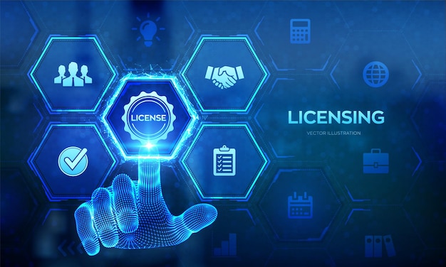 Licensing License agreement concept Copyright protection law license property rights Business technology concept on virtual screen Wireframe hand touching digital interface Vector illustration