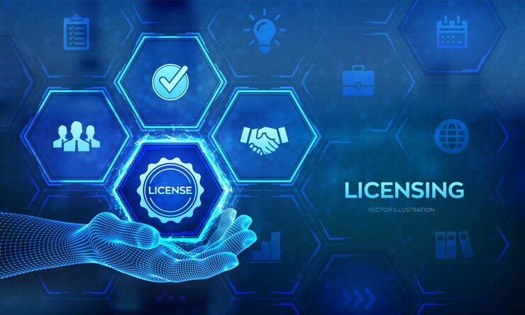 Vector licensing license agreement concept in wireframe hands copyright protection law license property rights business technology concept on virtual screen vector illustration