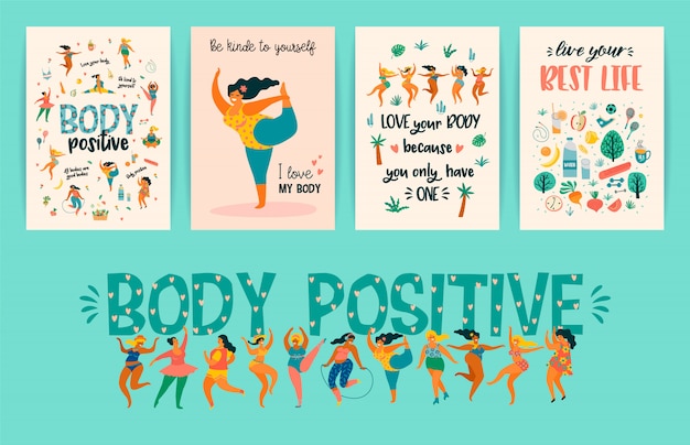 Lichaam positief. blije plus size meisjes en actieve gezonde levensstijl.
