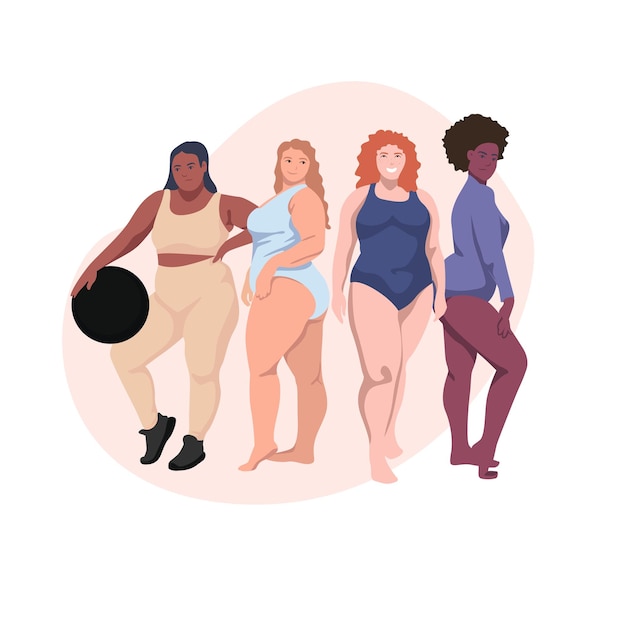 Lichaam positieve gelukkig overgewicht vrouwen in zwemkleding activiteit poses charmante plus size vrouw in modieuze trendy bikini dansen dikke vrouwelijke tekens poster met tekst plus size meisjes vector concept