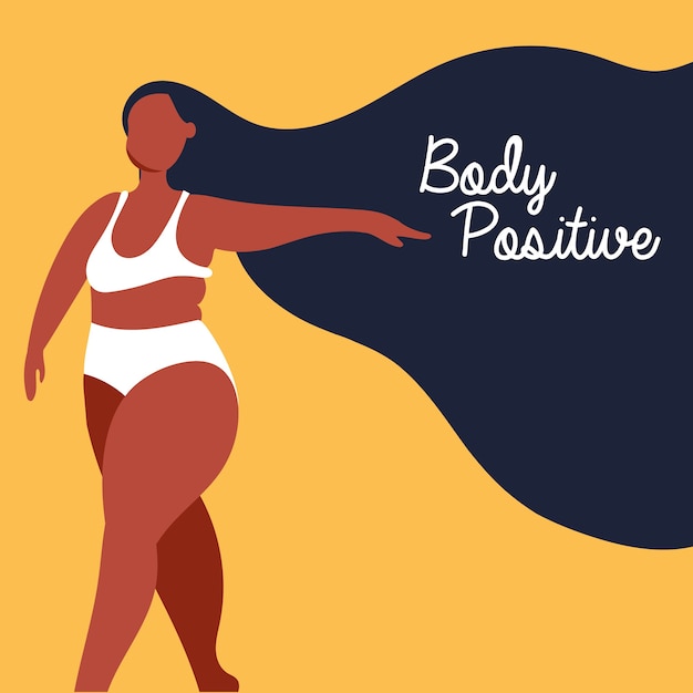 Lichaam positieve letters met afro vrouw perfect onvolmaakte vector illustratie ontwerp