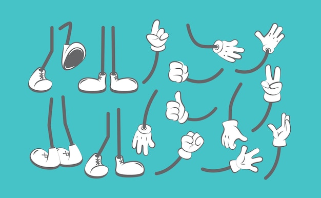 Vector lichaamsdelen cartoon. handen en benen animatie creatie kit kleding laarzen voor karakters arm handschoen.