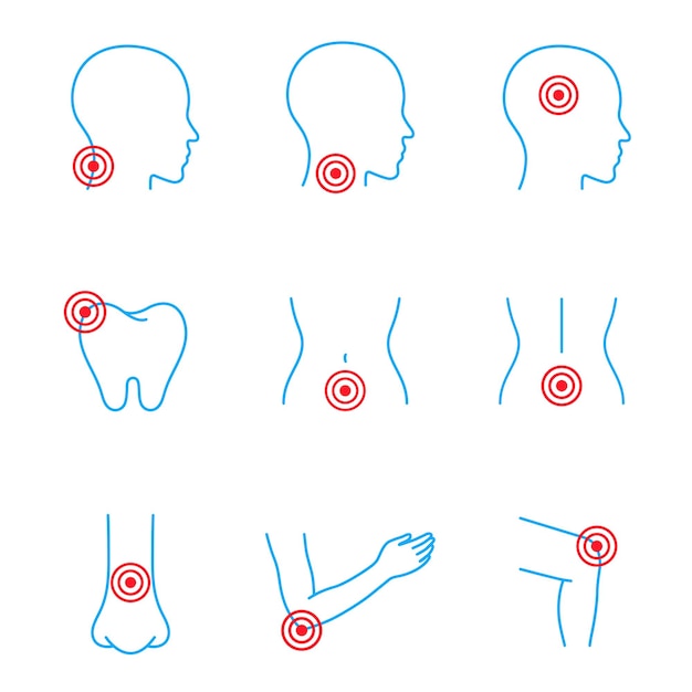 Lichaamspijn letsel icoon set Ontwerp lichaam punt pijn sjabloon Migraine tandpijn rugpijn