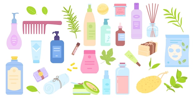 Lichaamsverzorging cosmetica Huidverzorging spa lichaam haarverzorgingsproduct natuurlijke organische antiage schoonheid cosmetische antioxidant shampoo vegan eco kruid scrub crème olie pot chique vectorillustratie van huidverzorging shampoo