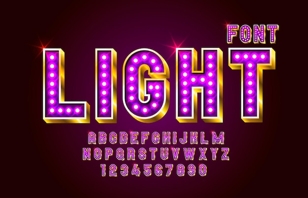 Licht lettertype lamp symbool, gouden letter en cijfers set. vector illustratie