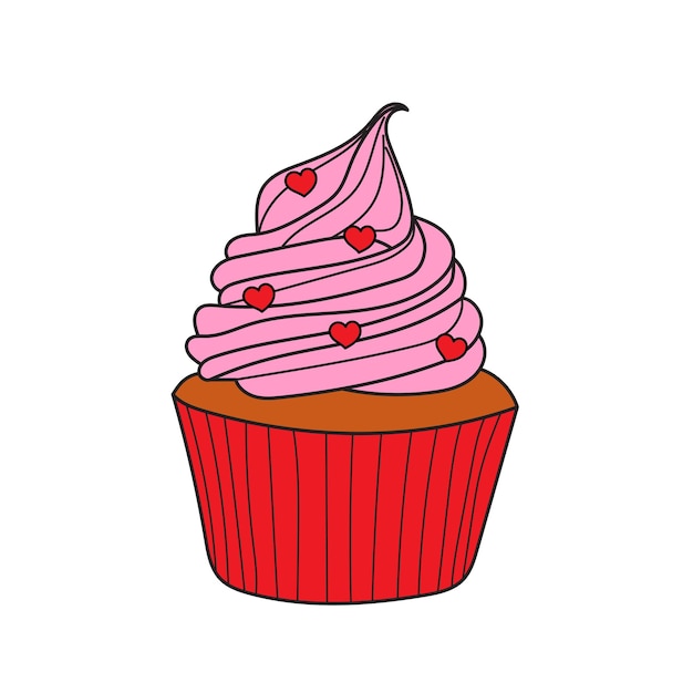 Licht luchtig roze koekje voor verjaardag Zoete cupcake met harten Vectorillustratie op witte achtergrond