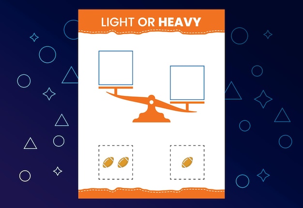 Licht of zwaar educatief werkblad met weegschaal zwaarder en lichter leren van objecten