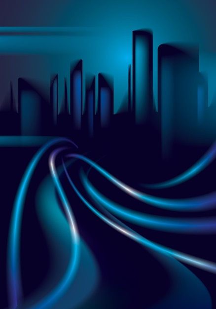 Licht paden op de straat van de grote stad in de nacht. Effect vector mooie achtergrond. Kleurrijke donkere achtergrond met stadsgezicht, gebouwen silhouetten skyline vervagen.