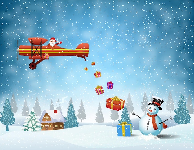 Licht vliegtuig met de kerstman vliegt over het bos, huis, sneeuwpop en gooit geschenken. . Kerstkaart, uitnodiging, achtergrond, ontwerpsjabloon.