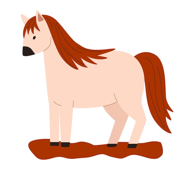 Vector lichtbruin cartoonpaard staande met donkerbruine manen en staart schattig boerderijdier met eenvoudig ontwerp