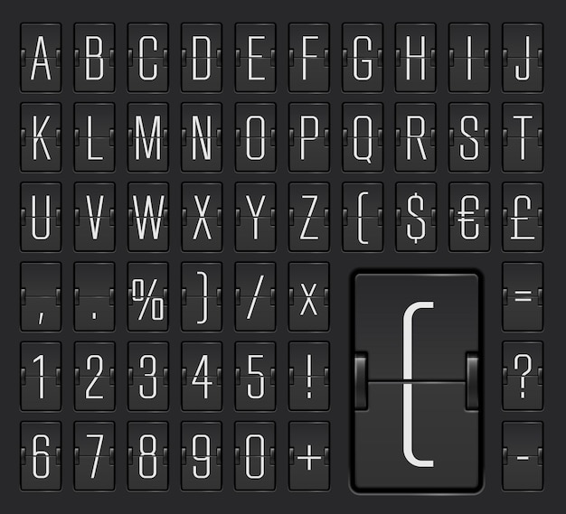Lichte luchthaven mechanische flip scorebord terminal alfabet lettertype met nummers om vluchtschema en bestemming, aankomst of vertrek info weer te geven. Vector illustratie.
